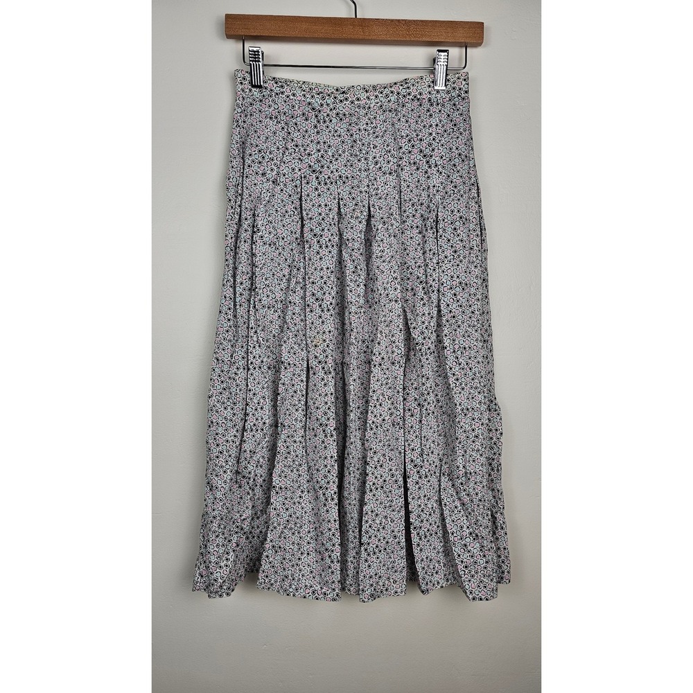 VTG Worthington Skirt Women Petite White Geometric Pleated Midi Rayon Vintage
